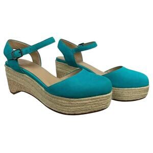 Eileen Fisher Form Suede Espadrille Wedge Sandals Teal Size 6.5 Beach Boho Chic